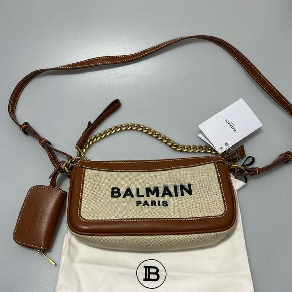 Balmain B-Army Canvas Pouch-On-Chain Beige - Picture 2 of 9